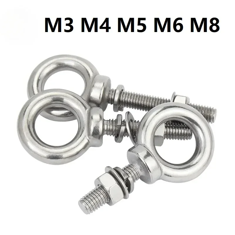 M3 M4 M5 M6 M8 Ring Eyebolts with Nut Washer Gaksets Set 304 Stainless Steel Extended Bolts Marine Lifting Ring Screws and Nuts