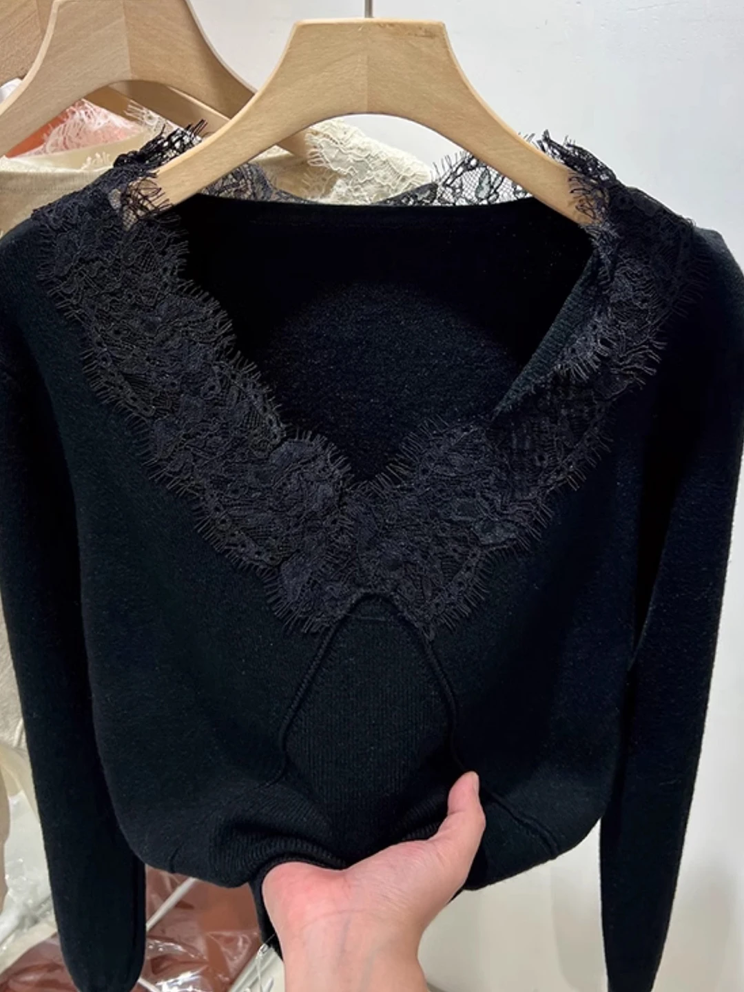 Długi sweter z dzianiny z koronkowym kołnierzem, damski top, bez metki, jesień-zima, nowy, modny bazowy sweter dla kobiet...