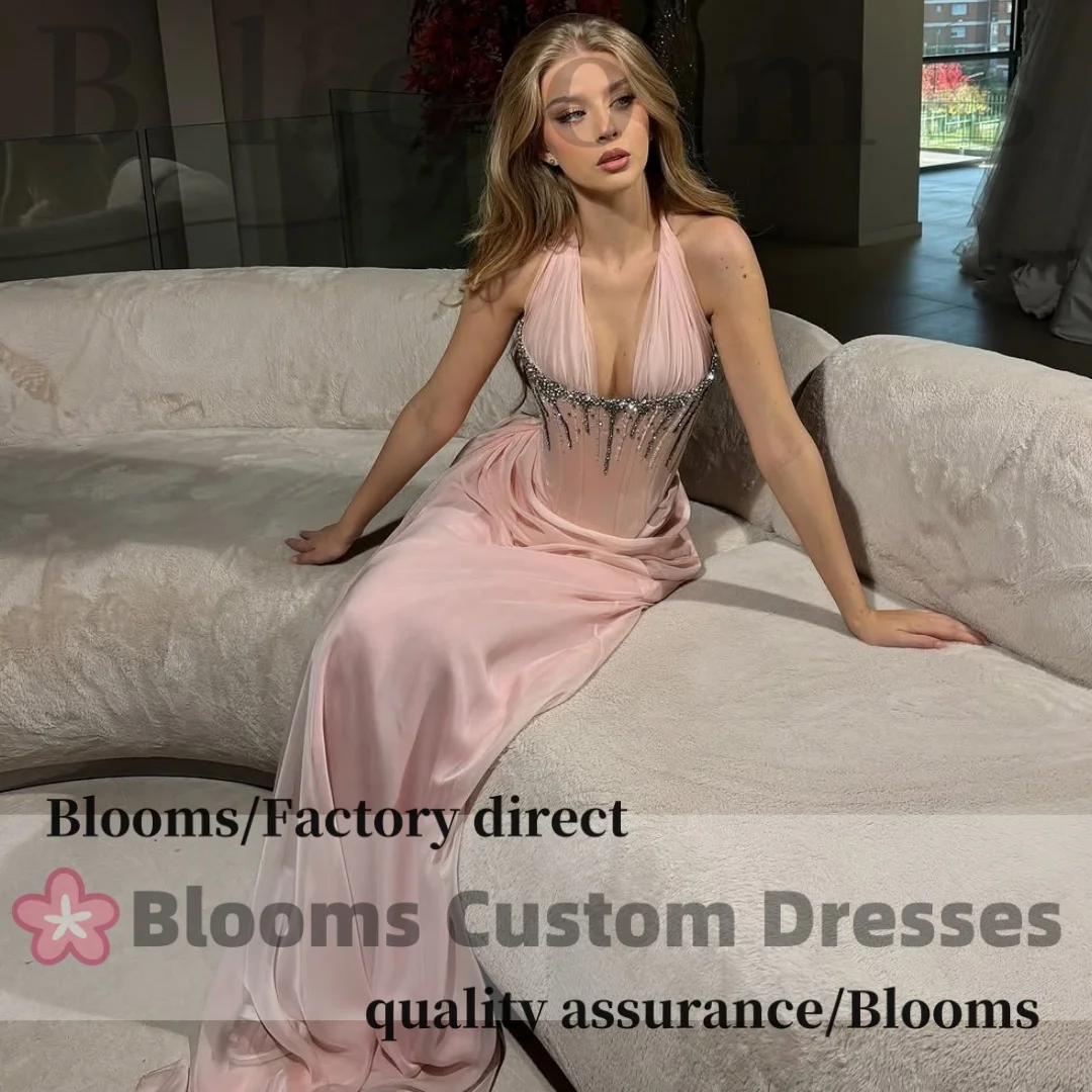 Customized Pink Halter Rhinestone Sexy Evening Dress Chiffon Ruched Sweet Back Lace-up Wedding Prom Dresses Floor-Length