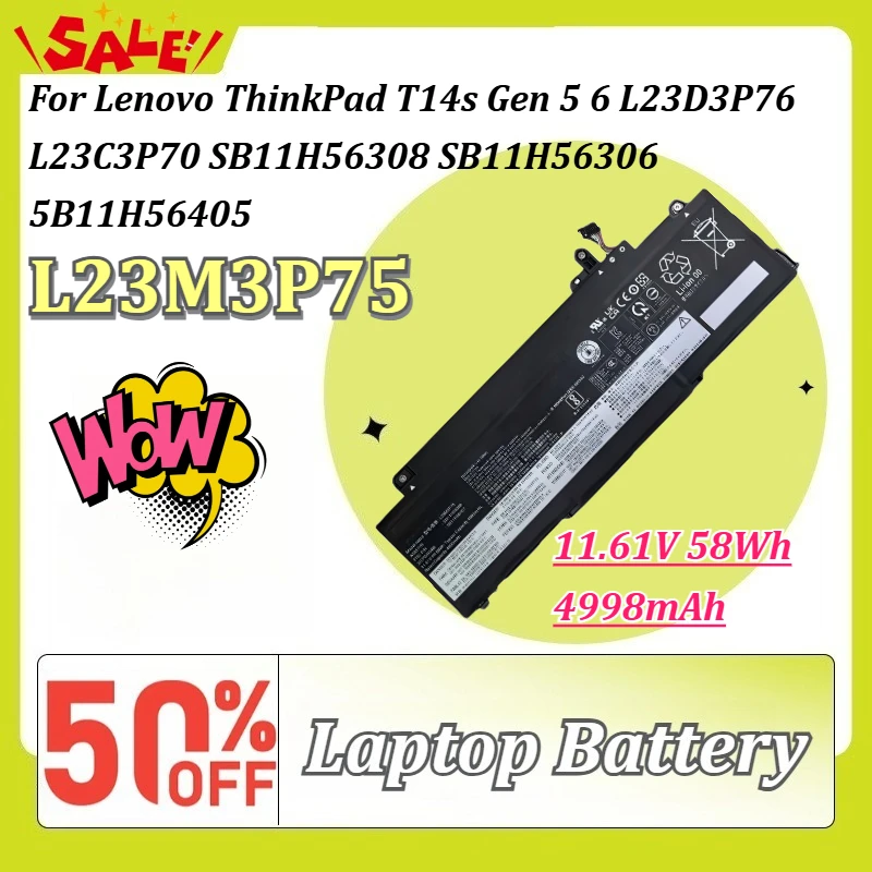 

L23M3P75 11.61V 58Wh 4998mAh Laptop Battery for Lenovo ThinkPad T14s Gen 5 6 L23D3P76 L23C3P70 SB11H56308 SB11H56306 5B11H56405