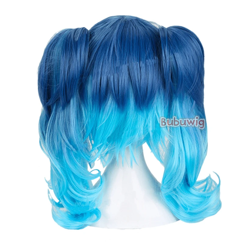 Bubuwig Synthetic Hair Blue Gradient Ponytail Wig 40cm Long Curly Mixed Color Cosplay Party Wigs Heat Resistant With 2 Clips