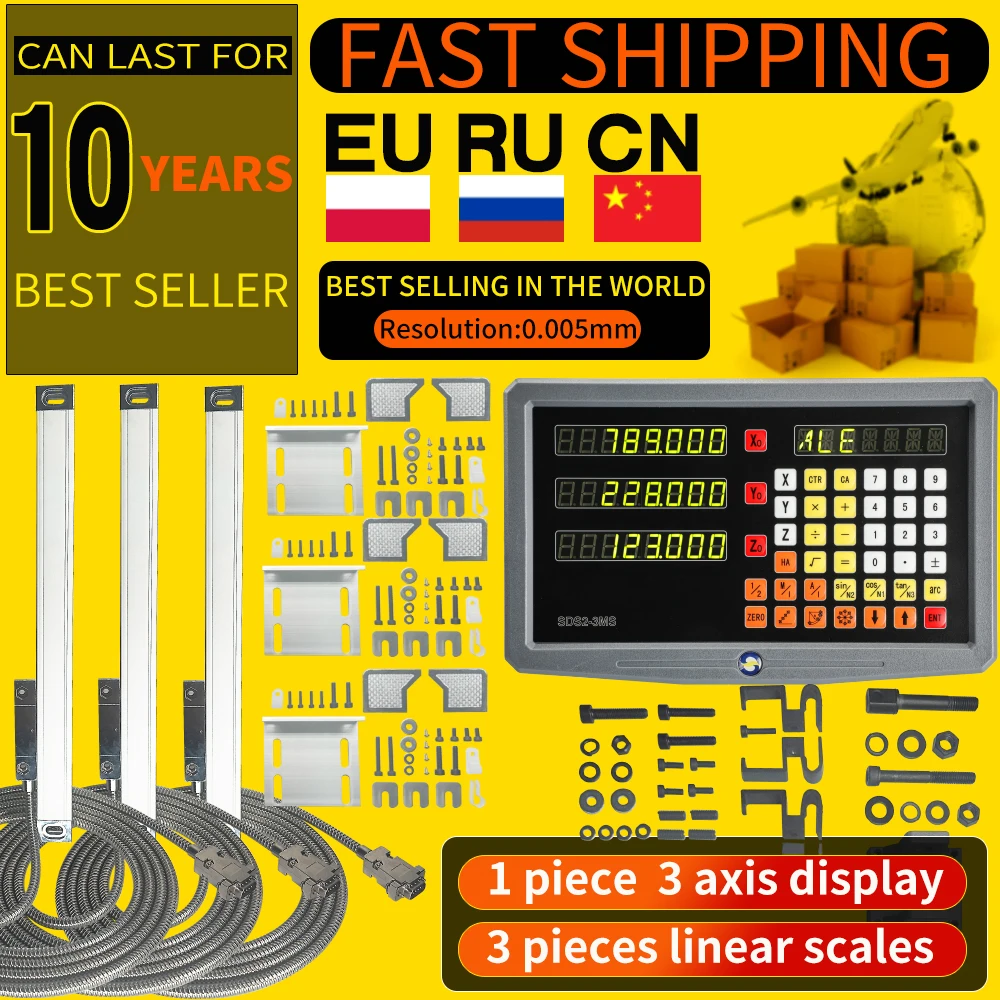 SDS3MS 3-Achsen-DRO-Kit-Digitalanzeige und 3 Stück 5 μm/1 μm Linearwaagen Encoder Gitterlineal 70–1000 mm für Drehmaschinenfräsen