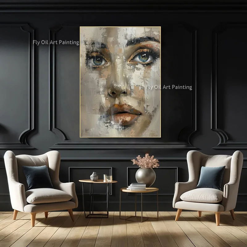 New Original Design Gray White Women Portrait Canvas Artwork Abstract Handpainted Brown Beige People Face Oil Painting For Decor