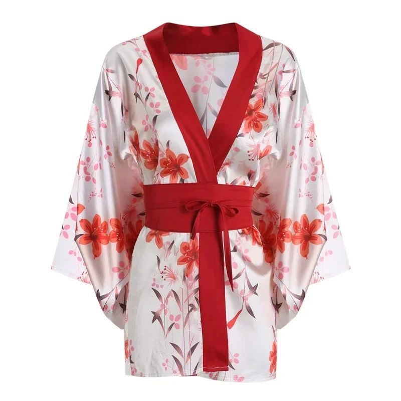 Sexy Costume Women Printed Short Cardigan Kimono Costume Sexy Japanese Strap Bed Uniform Set  Cosplay Sexy Anime Lencería