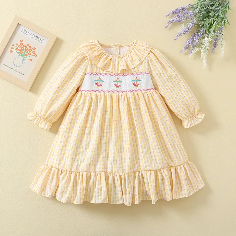 

2023 Spring Autumn Baby Girls Long Sleeve Smock Dress Embroidery Kids Casual Yellow Smocked Dresses Children's Princess Clothing