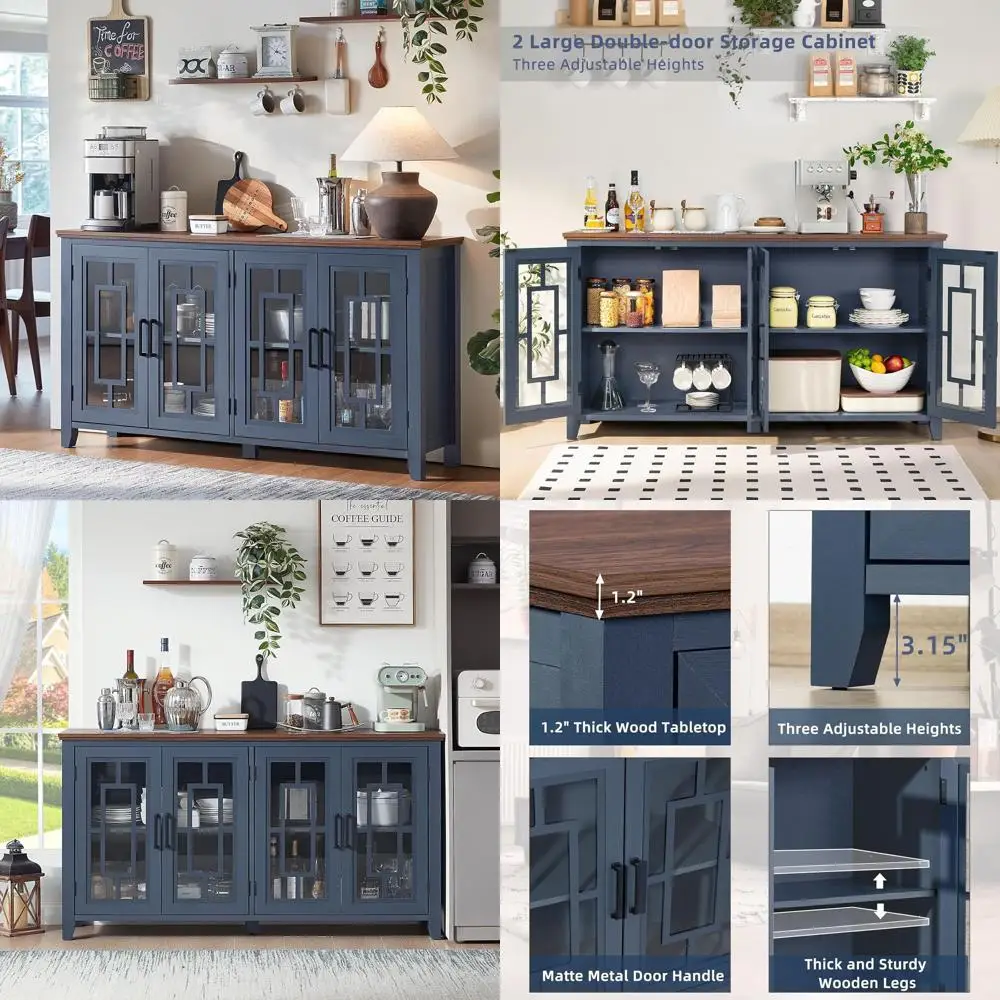 

Большой буфет-комод с местом для хранения, 63 дюйма, в стиле фермерского дома, темно-синий, для кухни, кофейни, винного бара, с 4 стеклянными дверцами, Mid-Century
