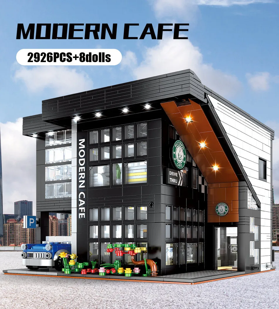 Modern Coffee Shop Model City Architecture Street View Building Blocks Cafe Construction Set Moc Bricks DIY Assembled Toys Gifts