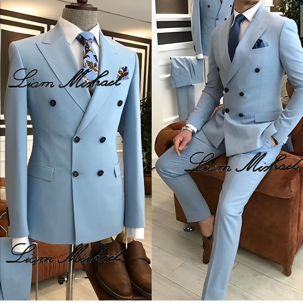 Light Blue Men\'s Suit 2 Piece Double Breasted Jacket Pants Formal Wedding Groom Tuxedo Peak Lapel Blazer Customized Men\'s Suit