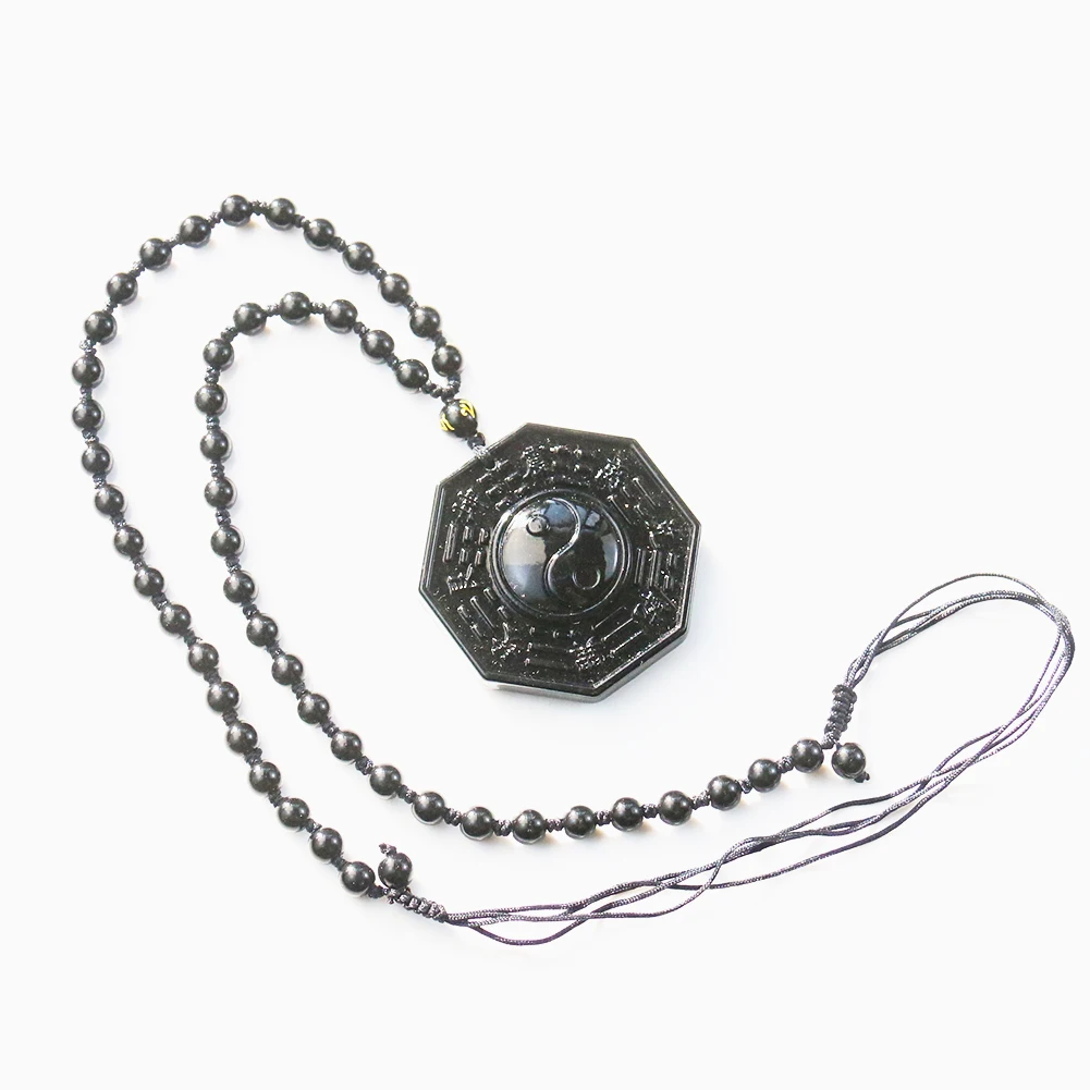 Obsidian Stone Taoism Necklace Black Pendant Chinese Tai Ji Ba Gua Octagon Long Sweater Chain Amulet Mascot Men Taoist Jewelry