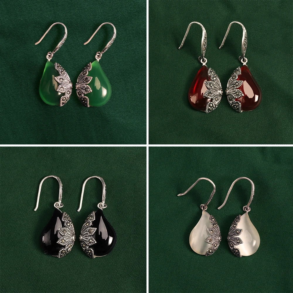  ﻿ ﻿ YYSuniee Thai Silver Solid 925 Sterling Silver Black Onyx Agate Green chalcedony  Drop Dangel Earrings for Women Jewelry