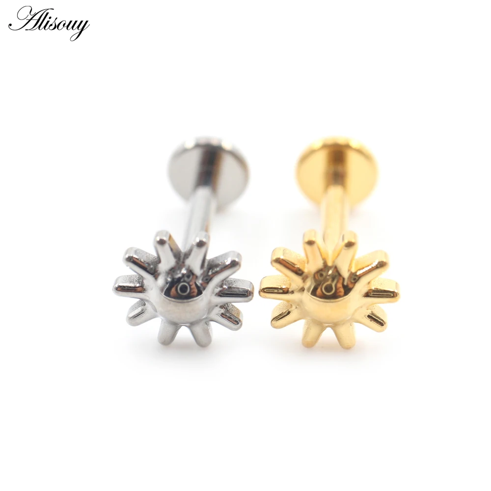 1PC Titanium Sun Cross Round Zircon Internally Threaded Labret Lip Ring Ear Stud Tragus Cartilage Earring Body Piercing Jewelry