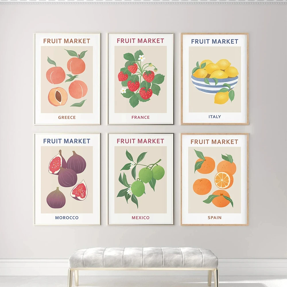 Fruit Market Peach Strawberry Lemon Orange Vintage Posters and Prints Wall Art  Canvas Painting Pictures Kitchen Home Decor