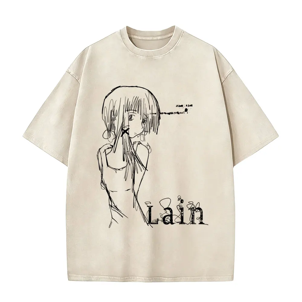 Anime Girl Sci Fi Retro Serial Experiments Lain Vintage Washed T-shirt Manga Harajuku Tshirt Men Women Casual Oversized T Shirt