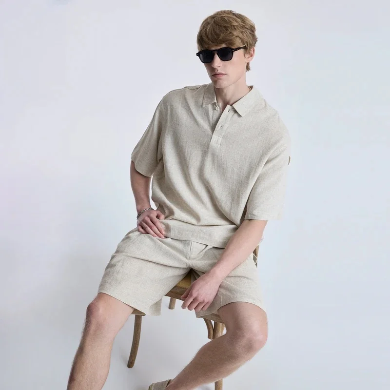 casual-pure-color-short-sleeve-t-shirt-men's-linen-shirt-short-pants-original-hemp-color-set-spring-summer-youth-wear