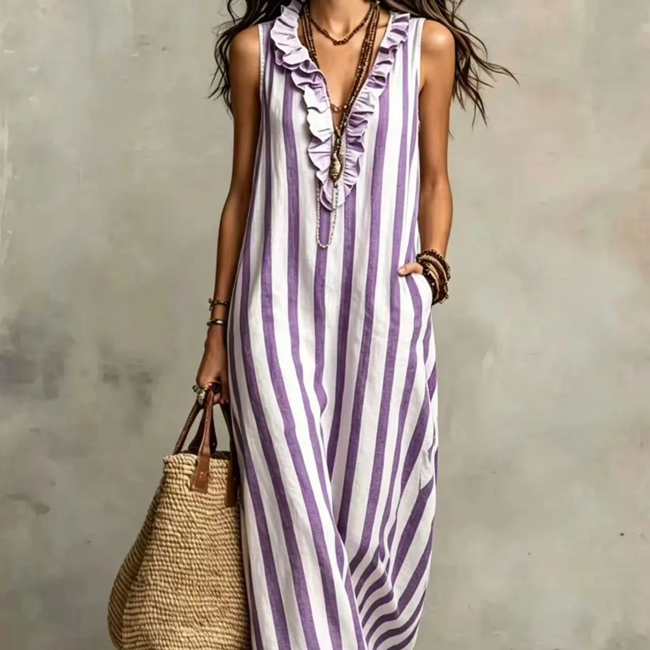 2026 Spring/summer. New Bohemian Style Long Clothes With Flutter Keys And Strip Print Party Elegant Vestidos