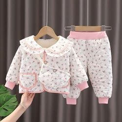 Kids Girls Floral Print Cotton Coats+Pants 2Pcs Toddlers Suit Autumn Winter Thick Warm Children Clothes Sets with Bag 1-5Years