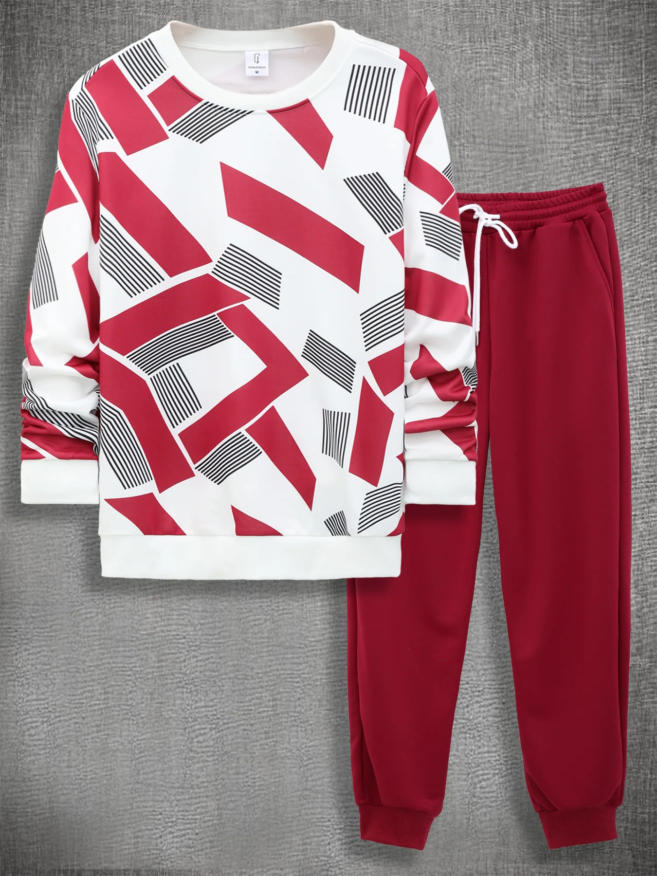 

Men's Red & White Geometric Print Set 2 Piece Crew Neck Sweatshirt & Jogger Pants Casual Outfit