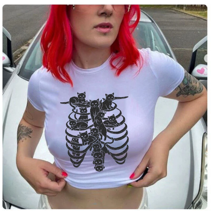 

Streetwear Casual Fashion Slim Women T-Shirt Punk Vintage 90s Short Sleeve Tees Gothic Y2K Creative Skull Pattern Print Crop Top