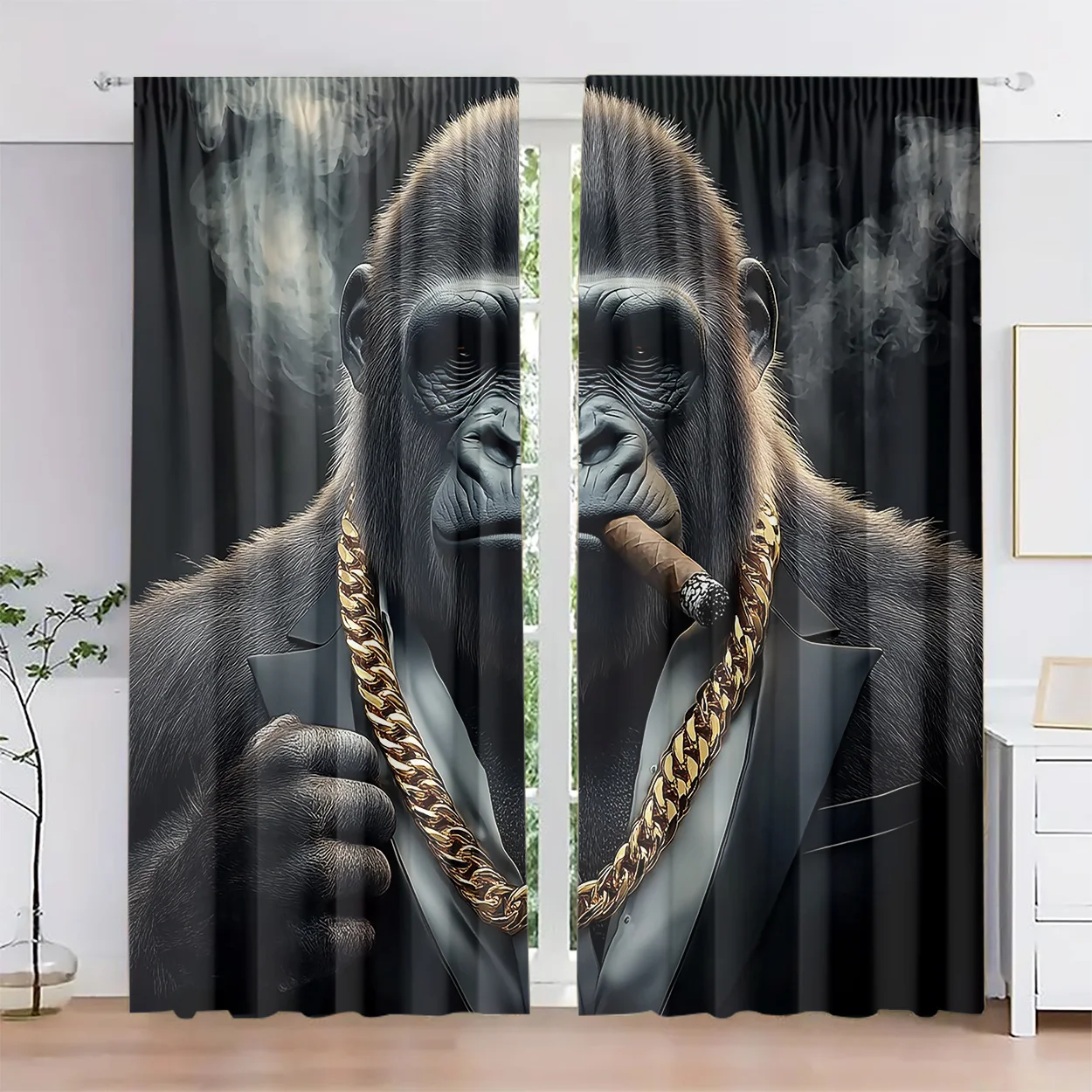 Cool Gorilla Suit Cigar Curtain, Funny Animal Hip Hop Print Drape, Novelty Living Room Bedroom Window Treatment Home Decor