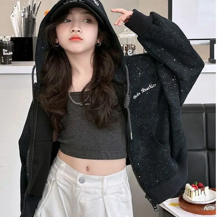 

7-12 Years Old Kids Girls Boys Autumn Hooded Cardigan Sweatshirt Soft Fleece Lining Sparkle Star Print Zip-Up Casual Fashion