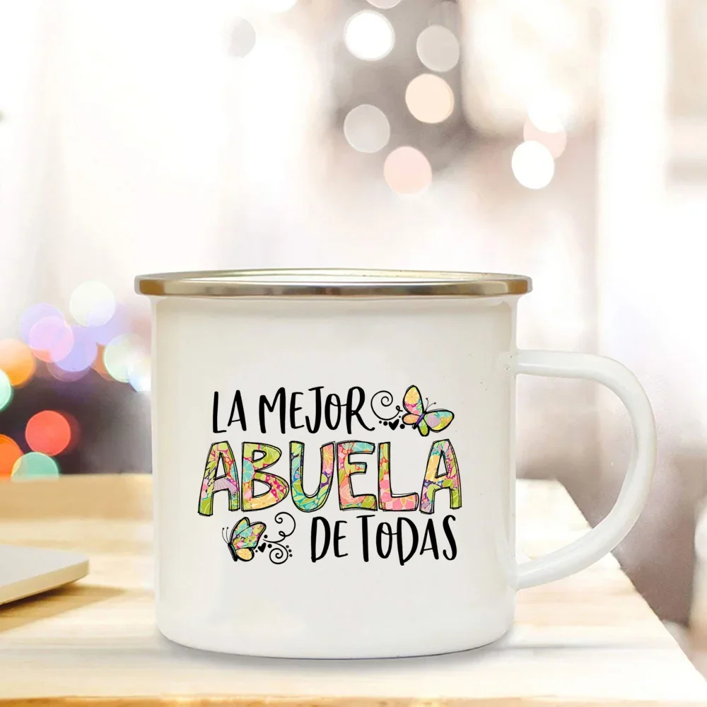 Best Grandfather & Grandmother In The World French Print Enamel Mugs Drink Milk Coffee Cup Camping Mug Gift for Abuelo & Abuela