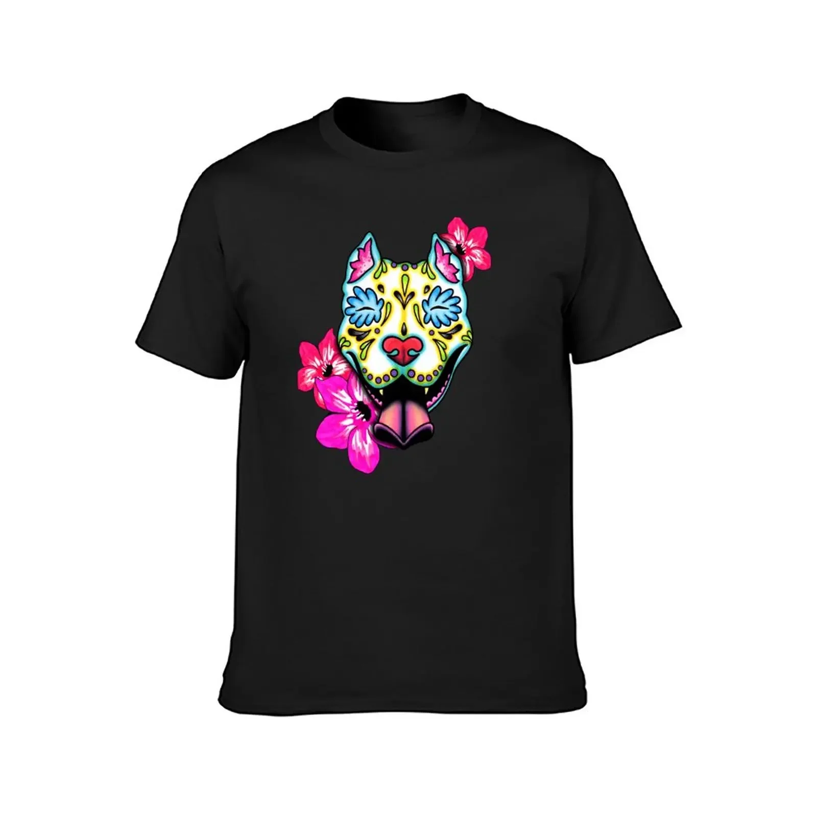 Slobbering Pit Bull - Day of the Dead Sugar Skull Pitbull Dog T-Shirt blacks tops T-shirts for men cotton