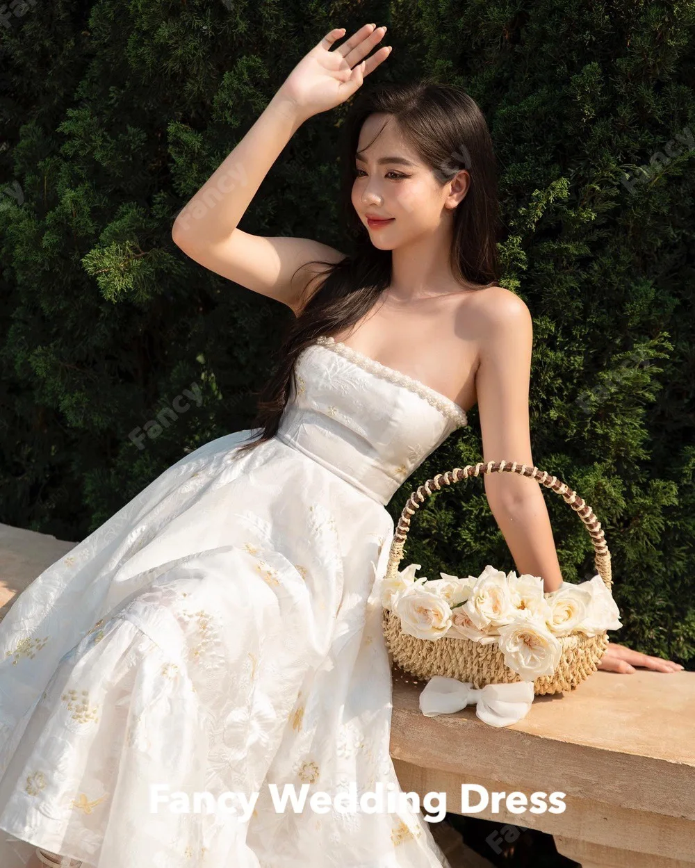 Fancy Korea Fairy Ivory Strapless Evening Dress Special Flower Applicate Sleeveless Prom Gown customized