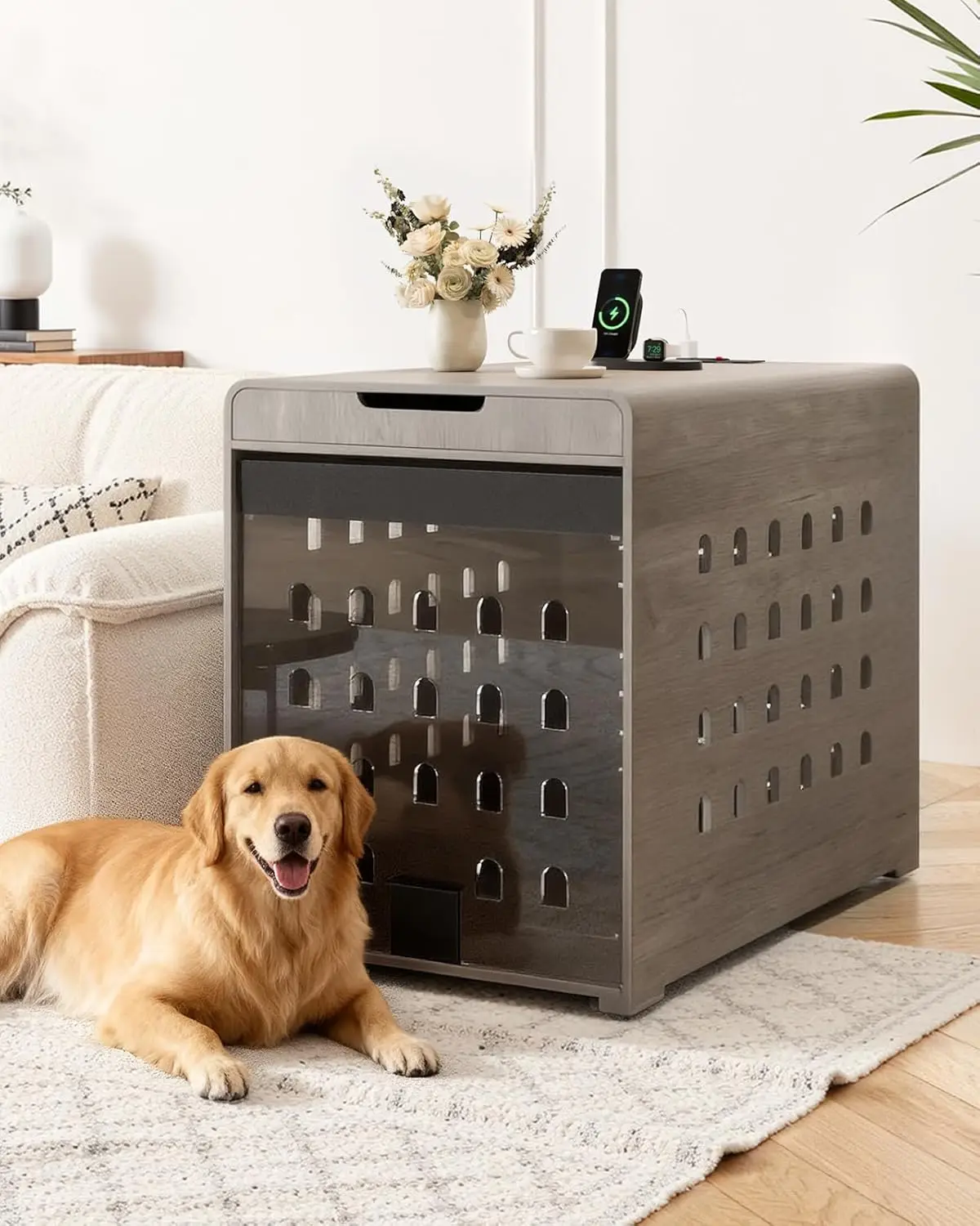 

Modern Dog Crate Furniture with Charging Station Large Kennel Indoor with Flip-up Hidden Acrylic Door