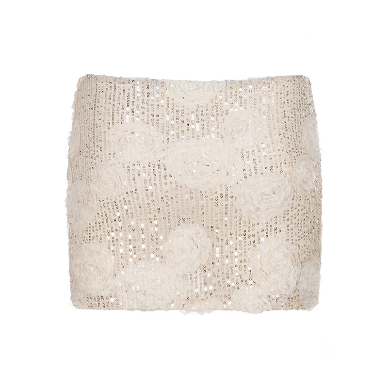 champagne three-dimensional rose flower glitter slim fit wrapper hip skirt high waist and anti glare spicy girl skirts