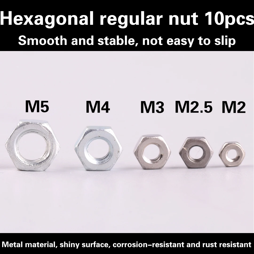 10PCS Hexagon Common Nuts Set M2 M2.5 M3 M4 M5 - Stainless Steel Matching Screw Steel Hex Nuts for Diverse Applications