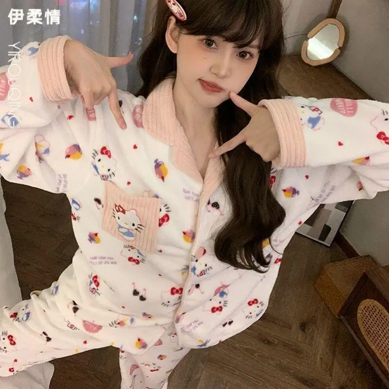 

Sanrio Hello Kitty Pajama Set Coral Fleece Women Home Loungewear Autumn Winter Cartoon Cute Plush Thickened Warm Cozy Nightwear