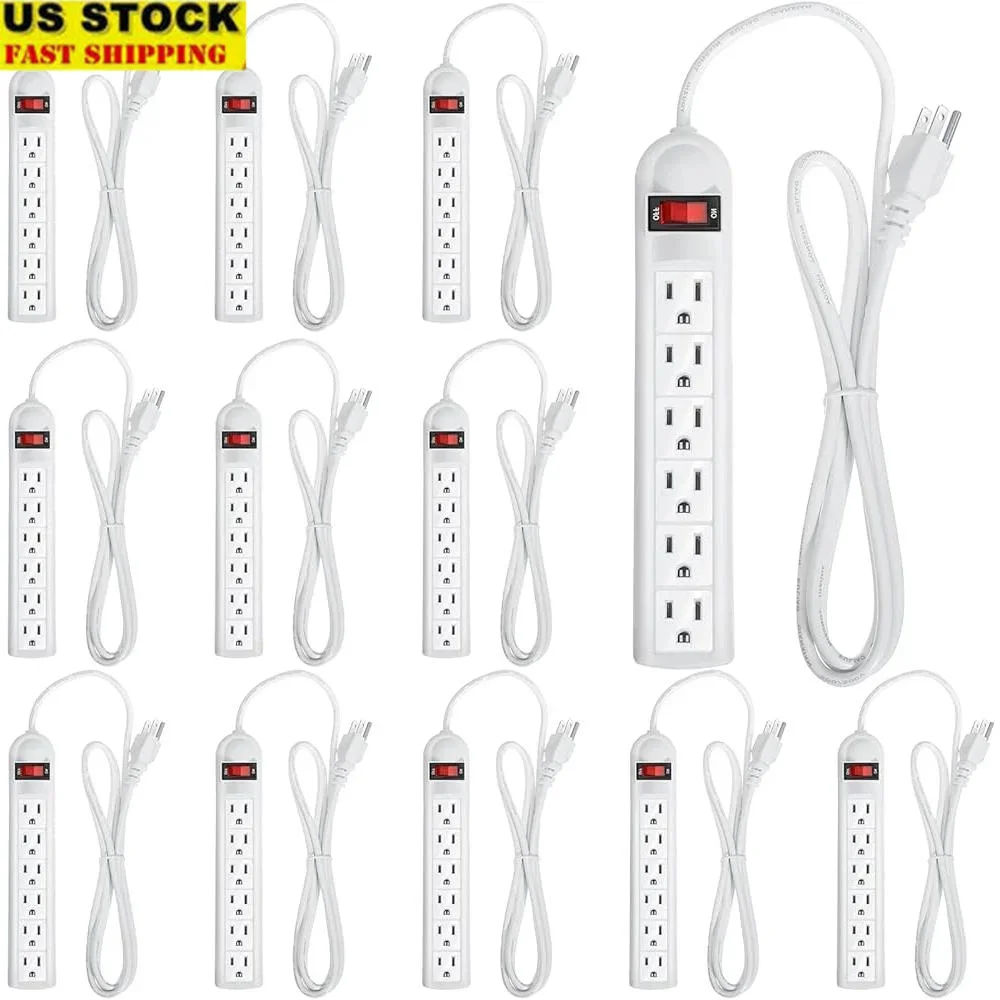 

12 Pack Surge Protector Power Strip 6 Outlet 6ft Extension Cord Electric Surge Shield Wall Mountable Safe Power Supply