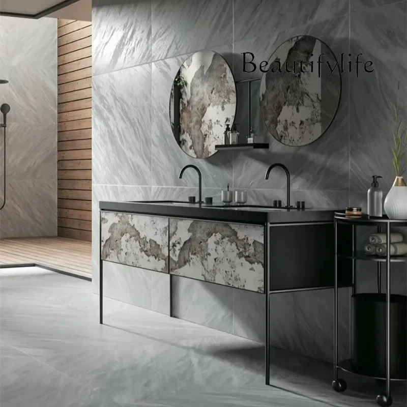 

M Italian High-end Bathroom Cabinet Light Luxury Solid Wood Imported Slate Intelligent Hand Washing Basin