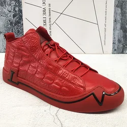 Designer Red High Top Casual Shoes Men Hip Hop High Quality Leather Sneakers Street Elastic Band Crocodile Print Flat Shoes