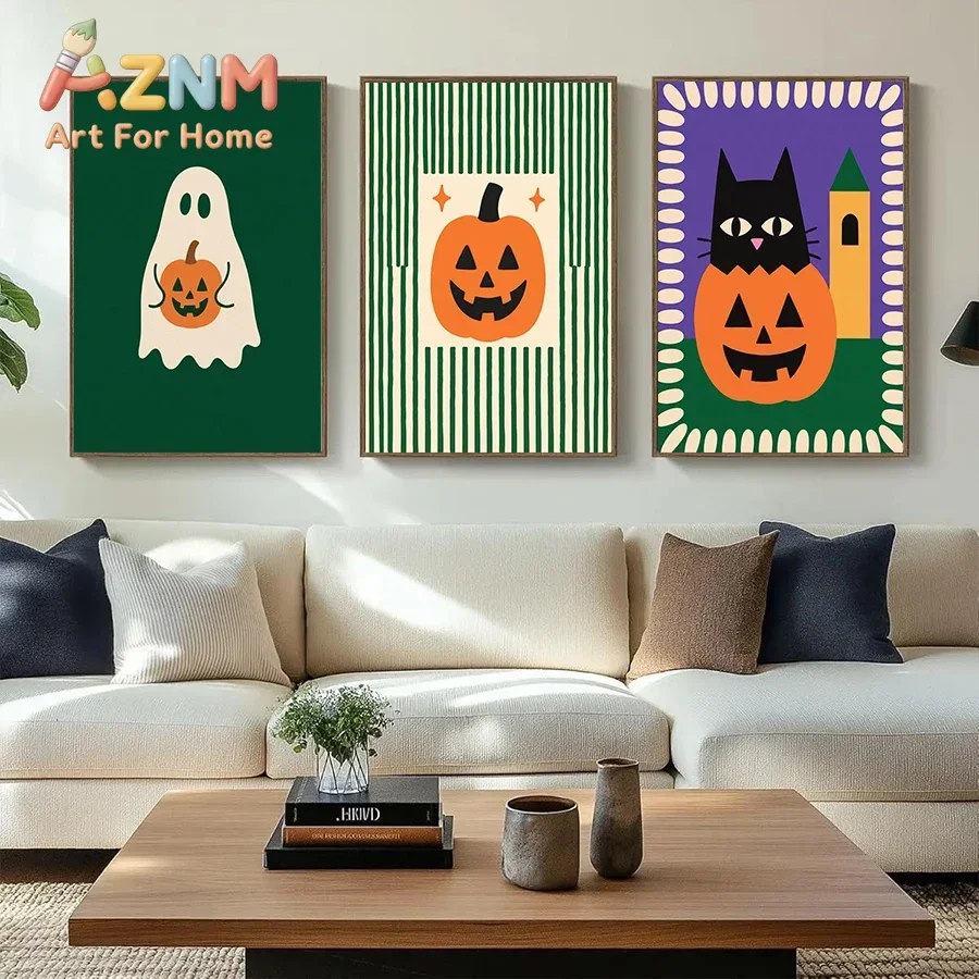 Boho Halloween Canvas Poster Minimalist Jack-o-lantern & Ghost Wall Art Cartoon Black Ca Aesthetic Autumn Party Wall Decoration