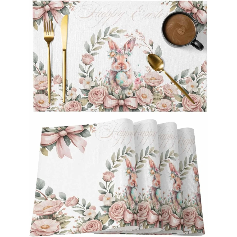 Easter Bunny Eggs Garland Leaf Placemats Party Decor Spring Watercolor Rose Floral Dining Table Mats Place Mat Easter Decoration
