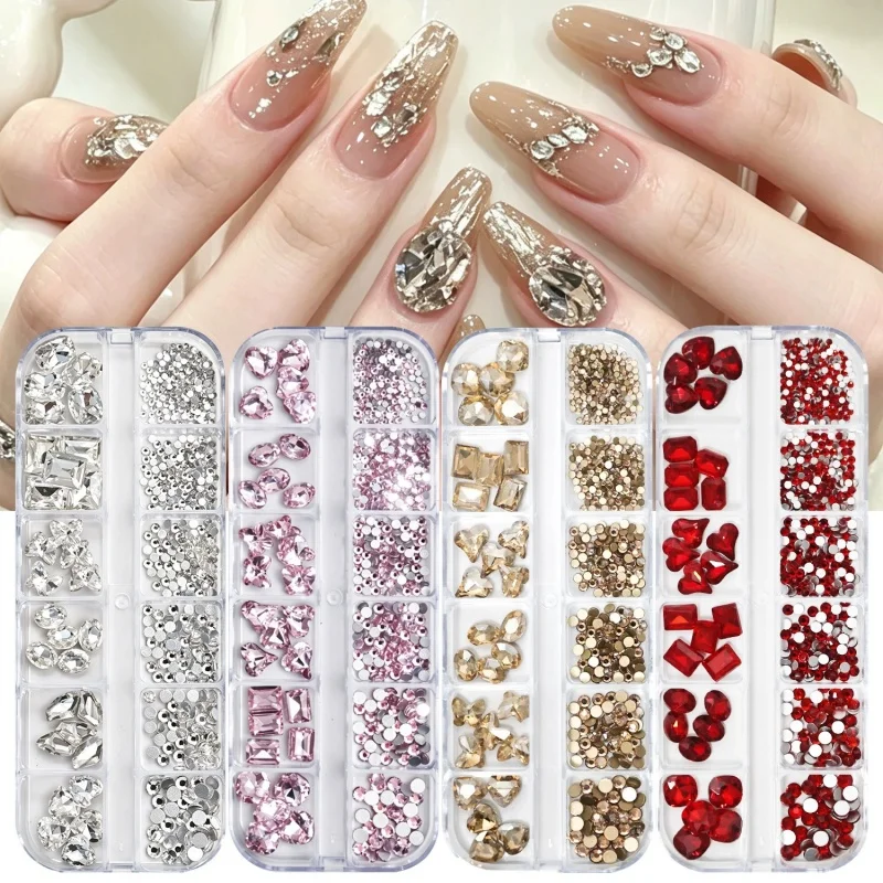 12Compartment Nail Art Decorations Diamond Assorted Sharp Base Irregular Glass AB Mixed Manicure Rhinestones for Nail Art