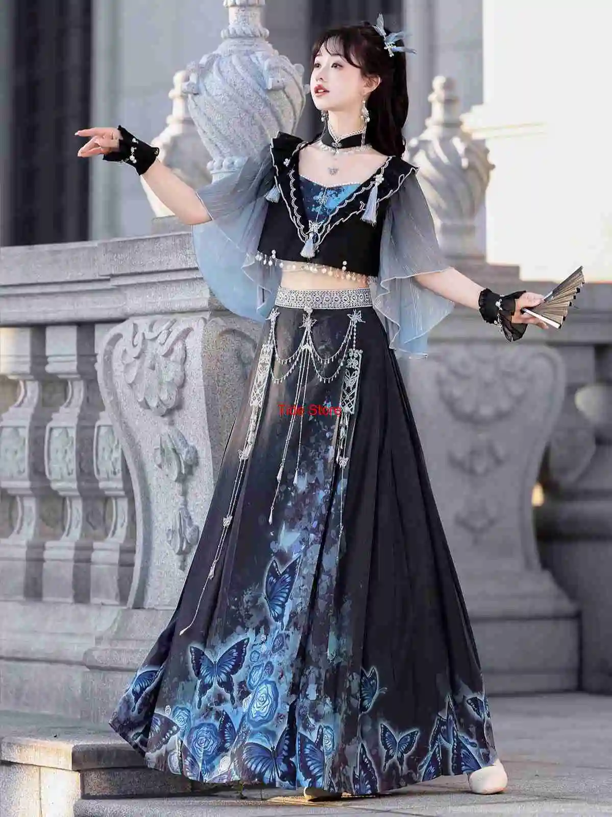 

Shadow Butterfly Chinese Style Improved Hanfu Exotic Style Han Element Top and Skirt Miao Ethnic Ancient Costume Halloween Cos