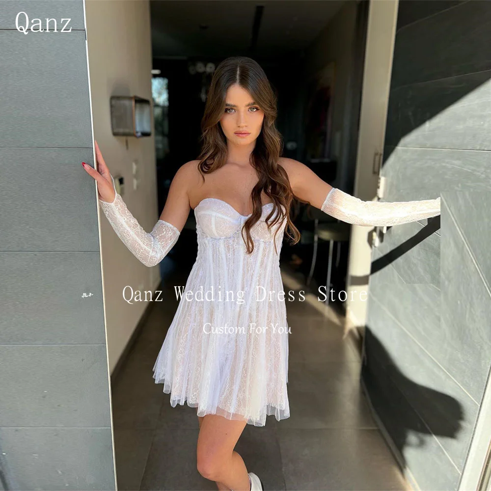 

Qanz Boho Mini Wedding Dresses Sheer Long Sleeves Mini Abouve Knee Bridal Gowns Sweetheat Lace Robes De Soirée Customized