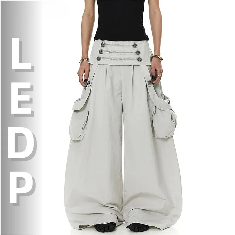 IMU Vintage Button Decor Women Cargo Pants Y2K Fold Over Elastic Waist Pleat Wide Leg Trousers Lounge Alternative Clot