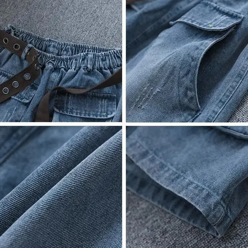 Vintage Harajuku Denim Shorts Summer Women Elastic High Waist Casual Chic Jeans Shorts Pockets Wide-legged Trousers Skirts New
