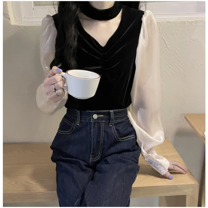 Camicia a maniche lunghe con scollo a V e scollo all'americana in velluto da donna Top a maniche lunghe autunno inverno