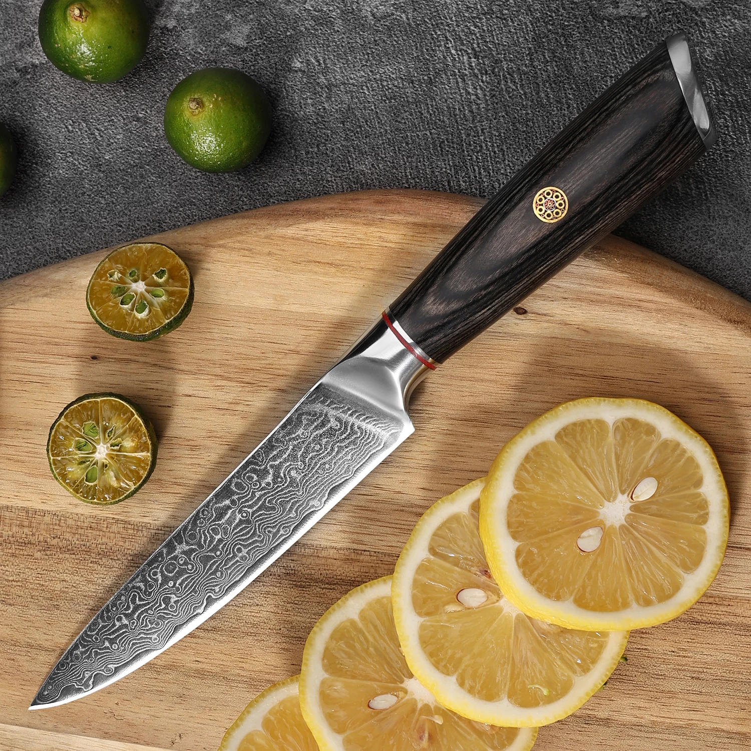 

4,9-дюймовый универсальный нож, 67-слойное лезвие из дамасской стали, деревянная ручка, овощечистка фруктов, нарезка мяса, тесак для барбекю, кухонный нож