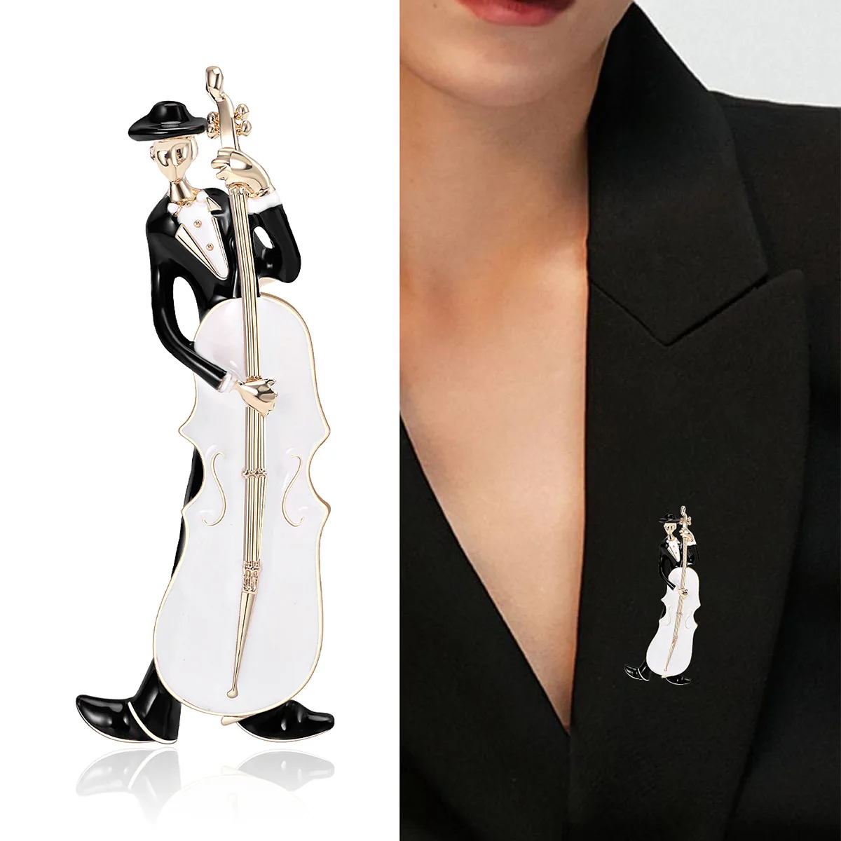 Man Playing Cello Brooches Women Men Brown White Enamel Music Playing Personal Style Banquet Daily Clothing Collar Pins Jewelry