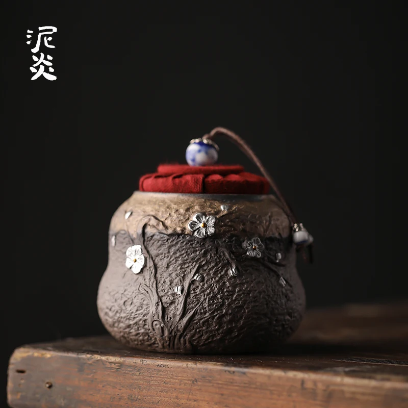 

Crude Pottery Tea Pot Ceramic Tracing Silver Sealed Pot Ceramic Household Storage Tank Moisture-proof Storage Tank Tea Container