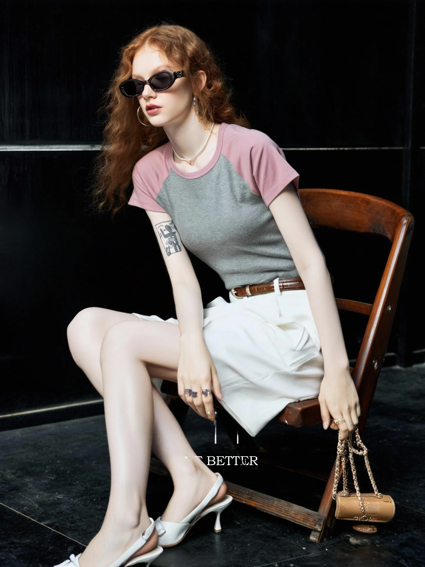 

Huaappuw Retro Color Block round Neck Short Sleeve T-Shirt Summer New Style Shoulder Length Match All Huaapuw Ladies' Top
