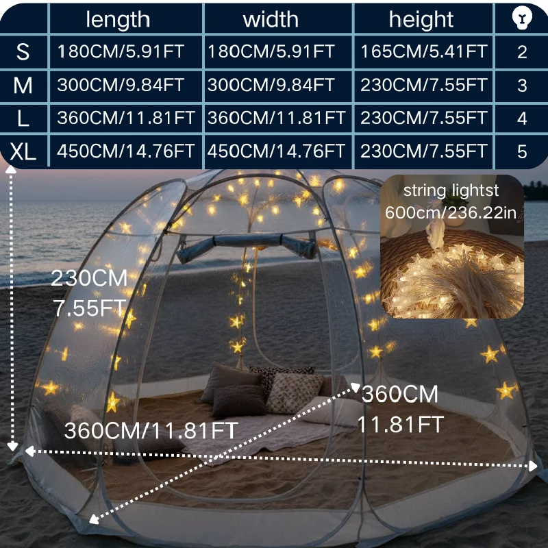 

Quick-Set Bubble Tent Camping Pod Windproof Cold-Resistant PVC Outdoor Shelter with String Lights for Nighttime Ambiance