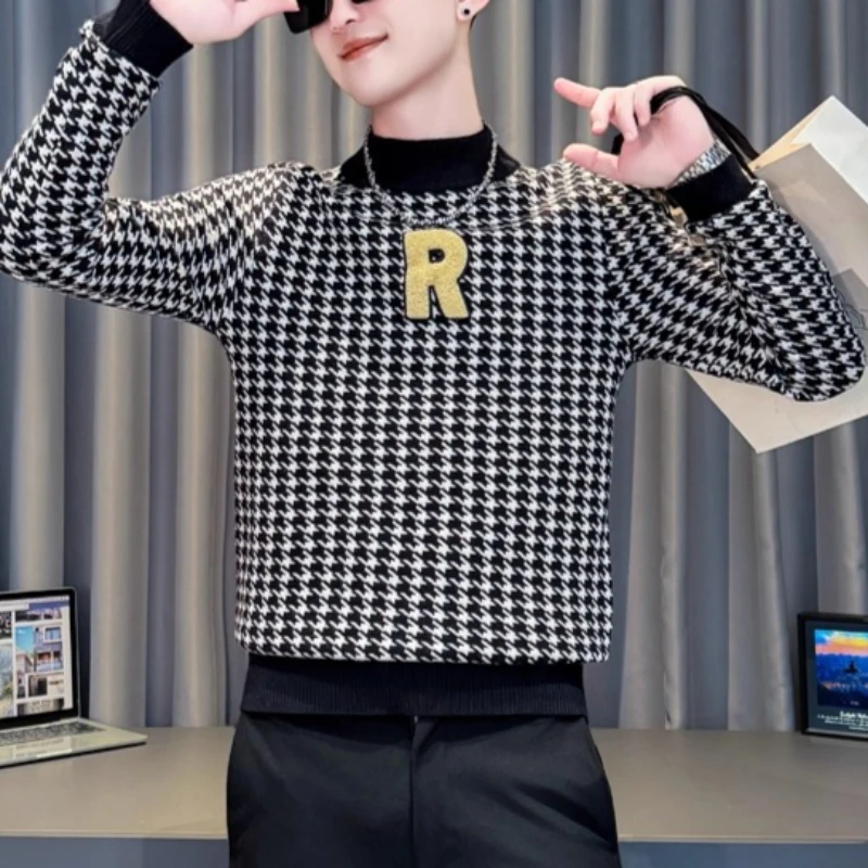 

Autumn Winter Plaid Round Neck Knitted Sweater for Men Long Sleeve Casual Business Knitted Pullovers Slim Fit Tee Men Clothing