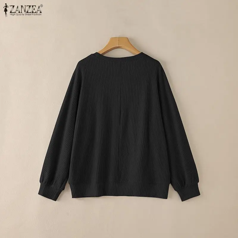 Woman Spring Casual Ribbed Knit T-Shirts Long Sleeve O-Neck Loose Solid Color Tops ZANZEA Muslim Islamic Hijabs Modest Blouses