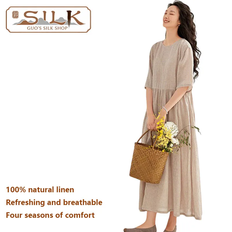 

Natural Pure Linen Women's Dress Short Sleeve Round Neck Elegant Casual High-End Women's Clothing for Spring and Summer